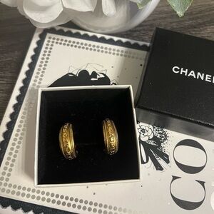 Chanel Vintage Gold "CHANEL" Hoop Clip On Earrings